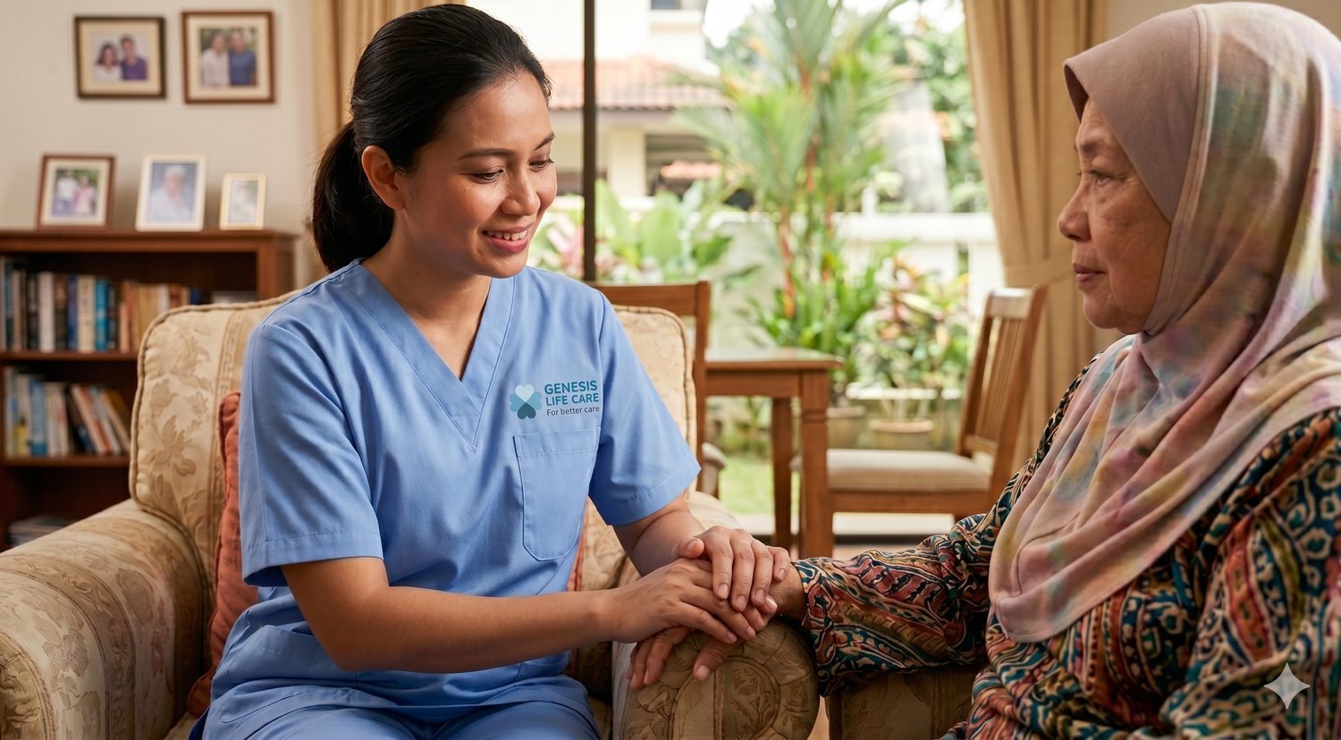 A Genesis Life Care caregiver holding hands with an elderly Malaysian woman at home