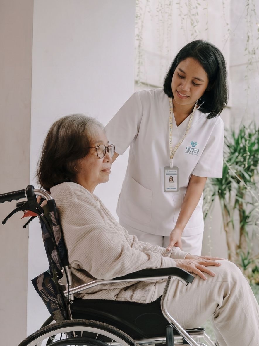 A Genesis Life Care caregiver attending warmly to an elderly woman